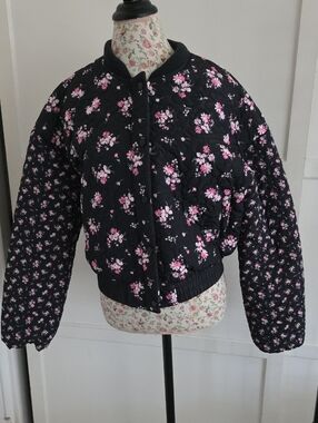 Rebel Veil Women's Black Floral Quilted Bomber Jacket - Pink Flower Print XL